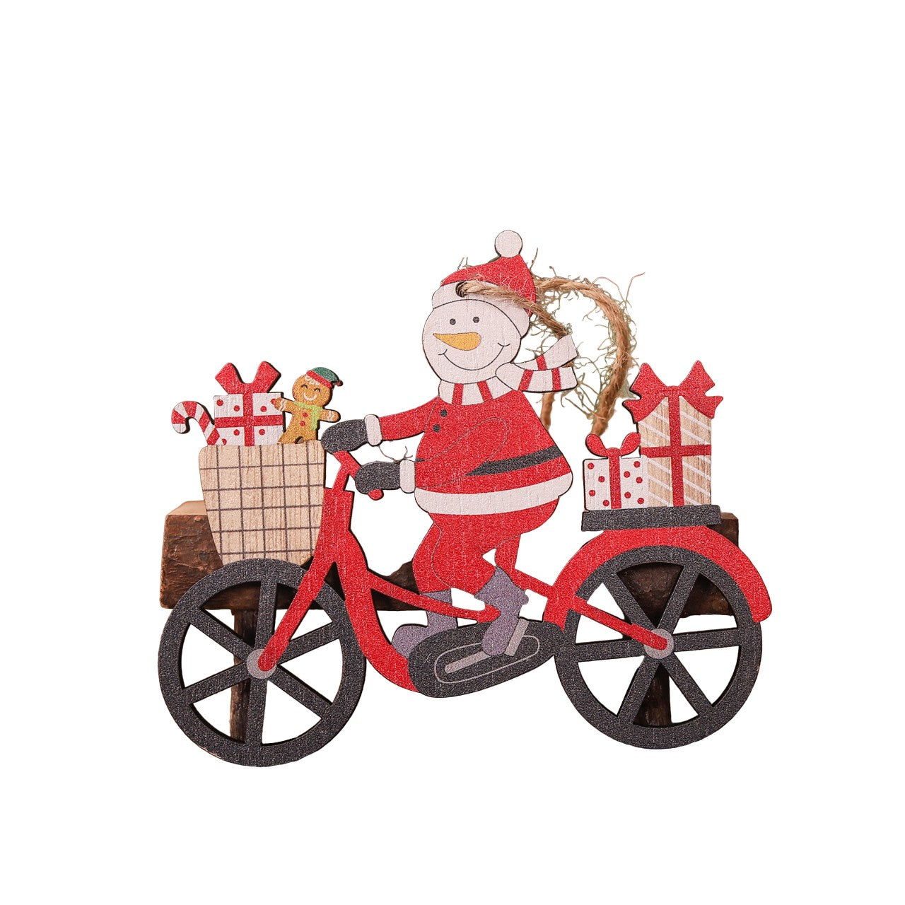 Decoratiune de Craciun din Lemn, cu Snur pentru Agatare in Brad, Model Om de Zapada pe Bicicleta, 10.3x11.5x0.5 cm, Multicolor