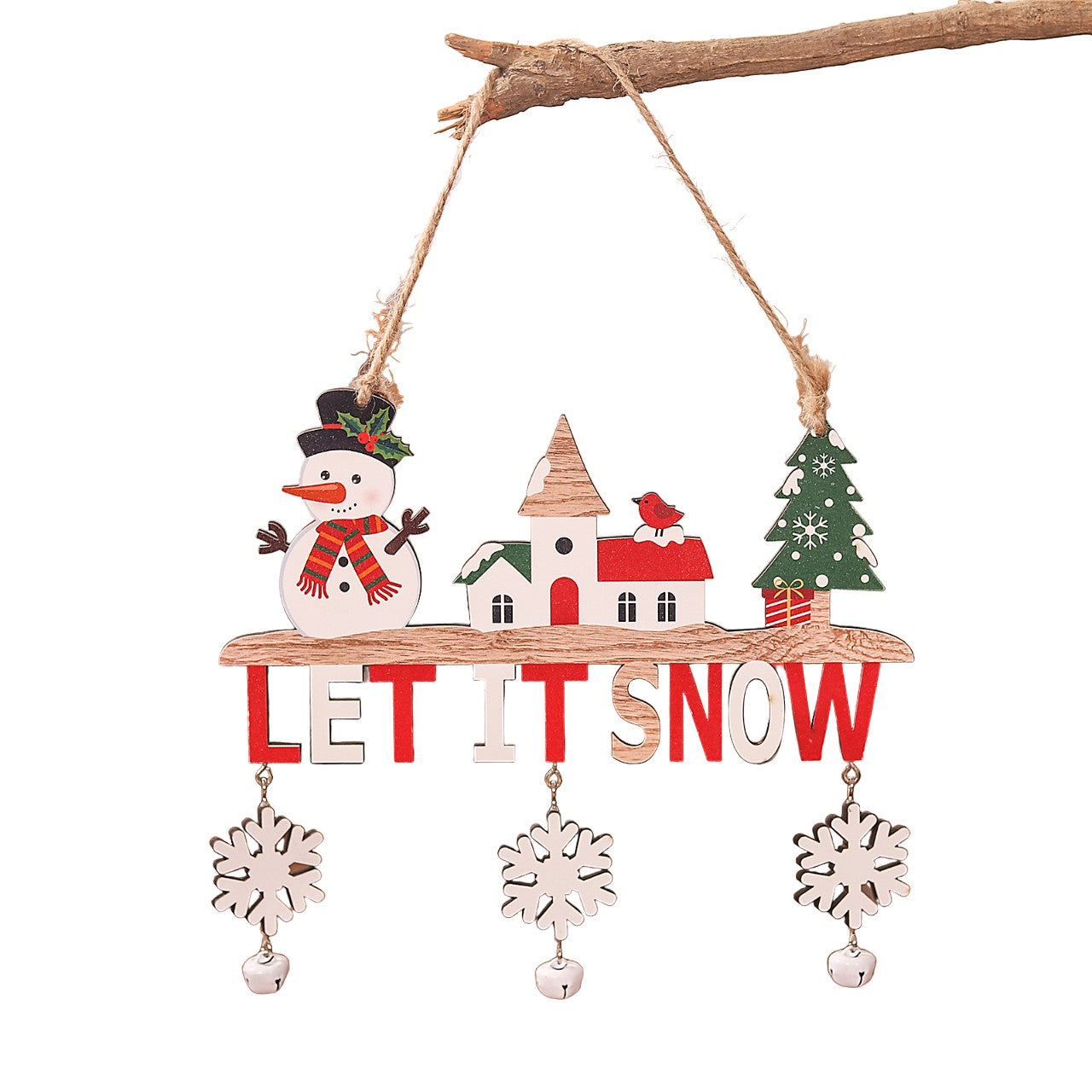 Decoratiune de Craciun din Lemn, cu Snur pentru Agatare in Brad, Model Om de Zapada, Scris Let It Snow, 21.9x19 cm, Multicolor