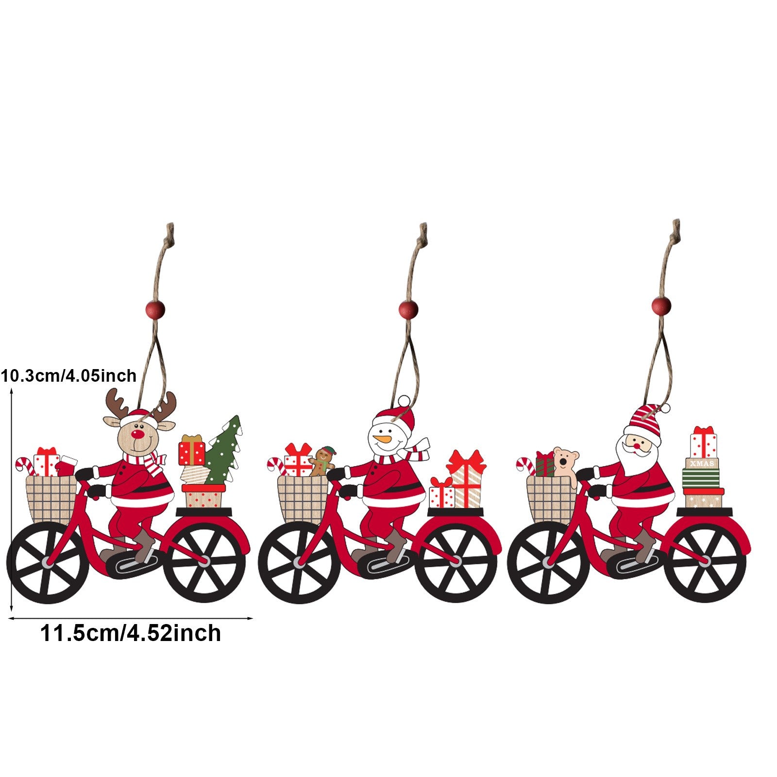Decoratiune de Craciun din Lemn, cu Snur pentru Agatare in Brad, Model Ren pe Bicicleta, 10.3x11.5x0.5 cm, Multicolor