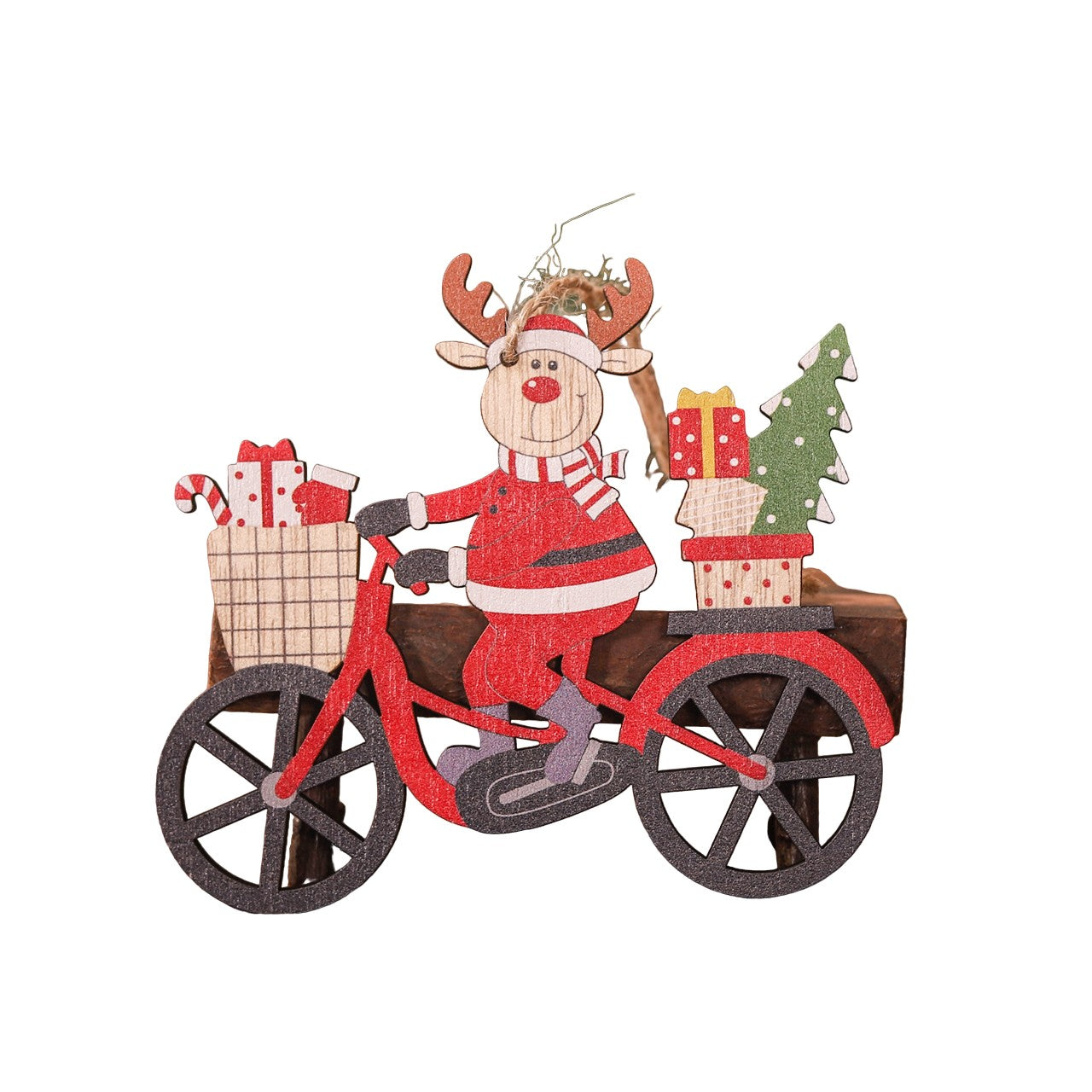 Decoratiune de Craciun din Lemn, cu Snur pentru Agatare in Brad, Model Ren pe Bicicleta, 10.3x11.5x0.5 cm, Multicolor