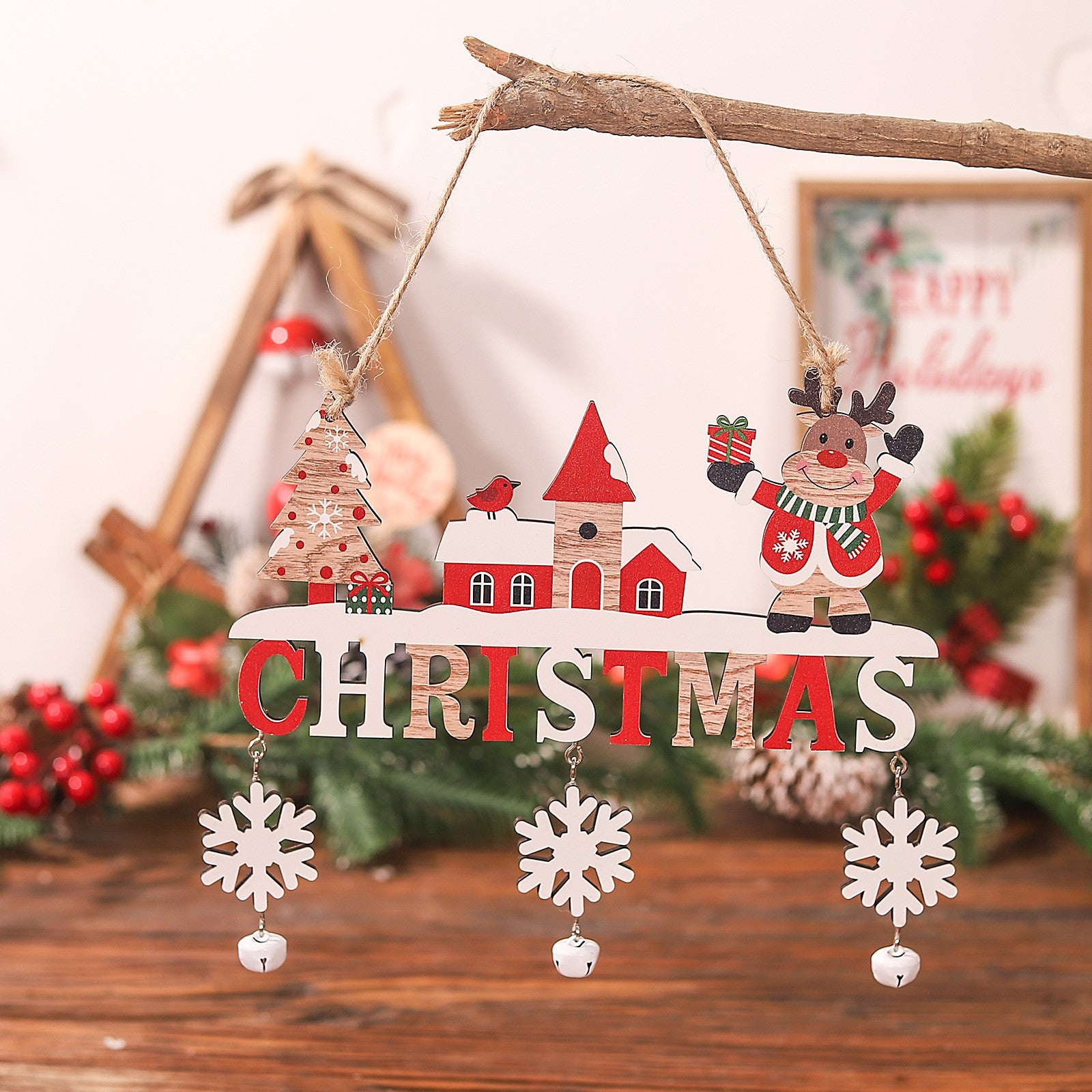 Decoratiune de Craciun din Lemn, cu Snur pentru Agatare in Brad, Model Ren, Scris Let It Snow, 21.9x19 cm, Multicolor