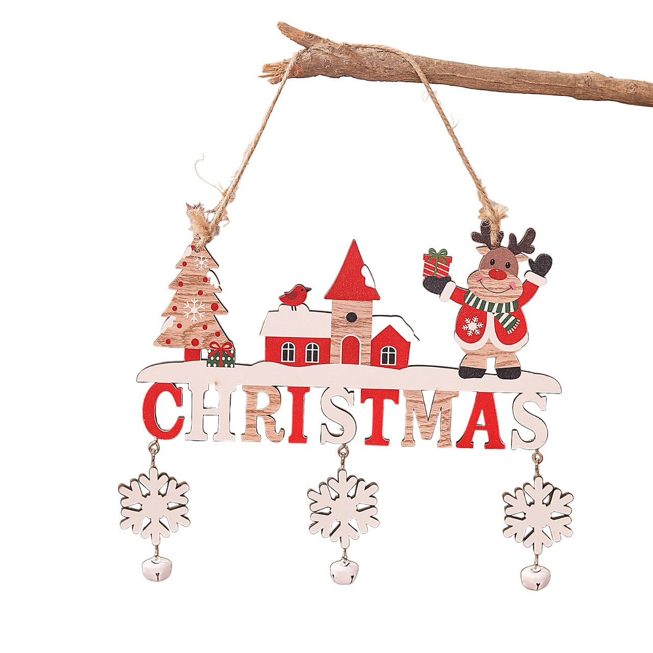 Decoratiune de Craciun din Lemn, cu Snur pentru Agatare in Brad, Model Ren, Scris Let It Snow, 21.9x19 cm, Multicolor