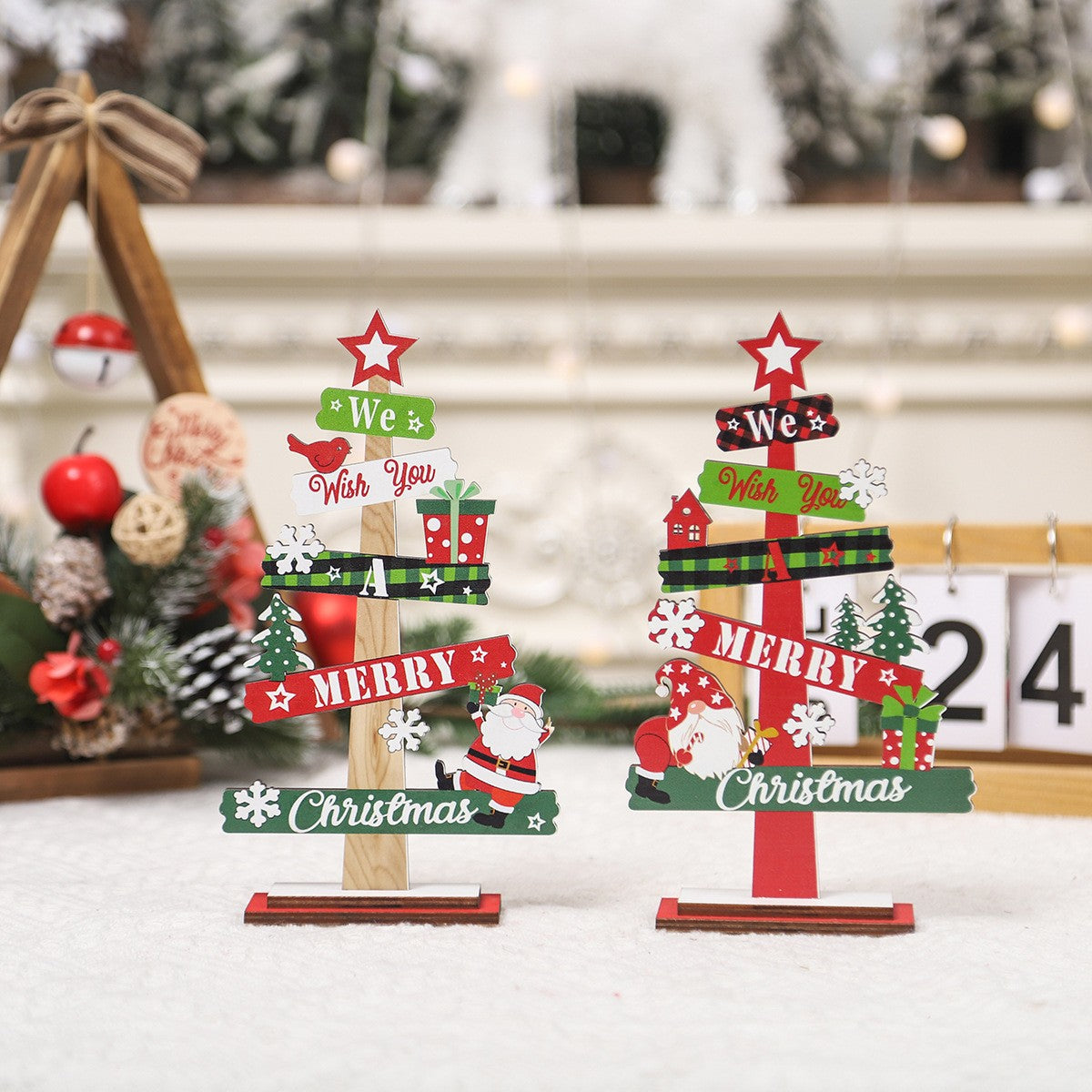 Decoratiune de Craciun din Lemn, pentru Masa, Model Bradut, Scris We Wish You A Merry Christmas, 21.5x12.2x4 cm, Multicolor