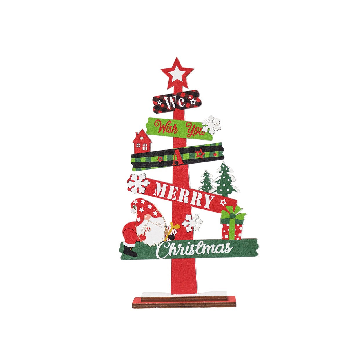 Decoratiune de Craciun din Lemn, pentru Masa, Model Bradut, Scris We Wish You A Merry Christmas, 21.5x12.2x4 cm, Multicolor