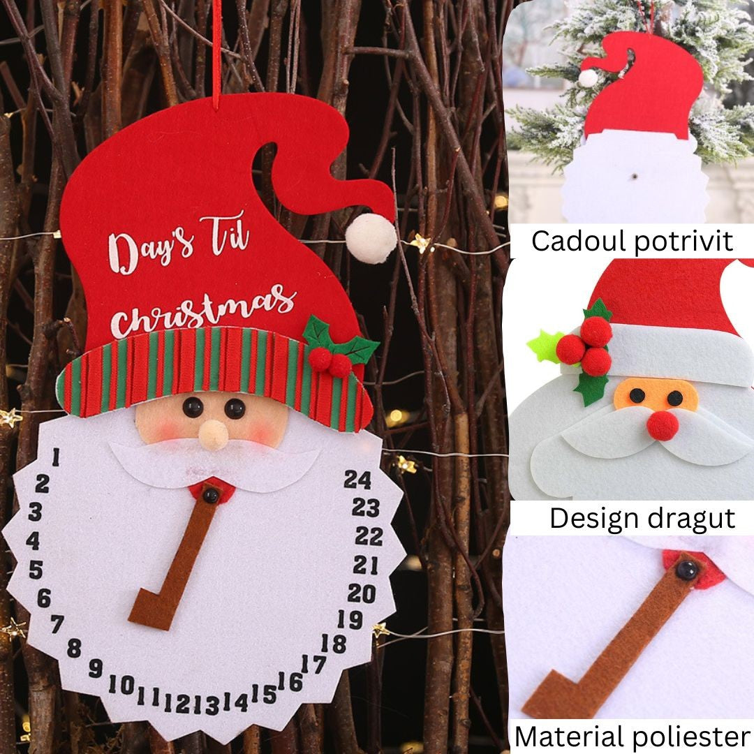 Decoratiune de Craciun Advent calendar, numara zilele pana la Craciun, model Mos Craciun, material poliester, 37 x 22 cm, rosu