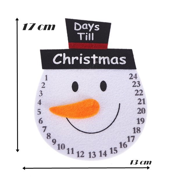 Decoratiune de Craciun Advent calendar, numara zilele pana la Craciun, model Om de Zapada, material poliester, 17 x 13 cm, alb