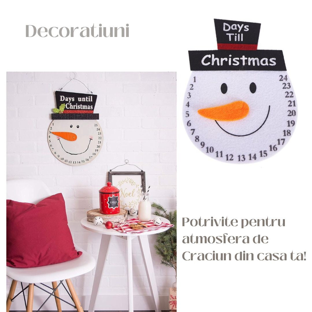 Decoratiune de Craciun Advent calendar, numara zilele pana la Craciun, model Om de Zapada, material poliester, 17 x 13 cm, alb