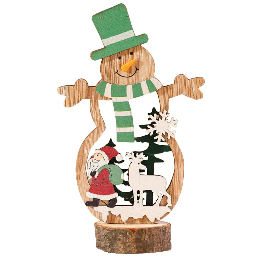 Decoratiune de Craciun, din Lemn, 10.5 x 18 cm, Model Om de Zapada cu Caciula Verde, Multicolor
