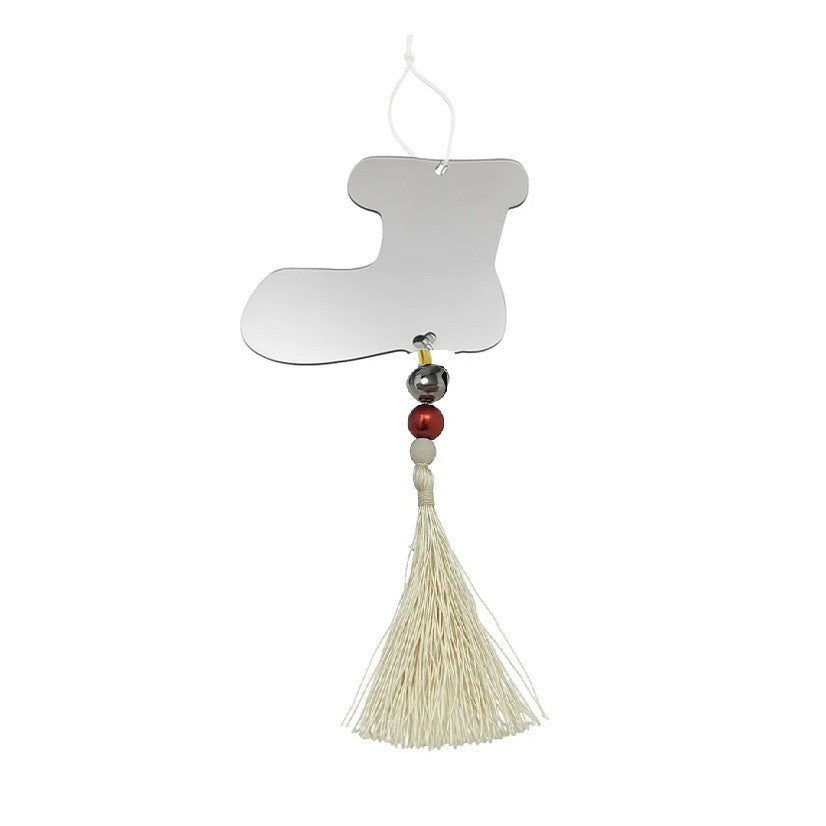 Decoratiune de Craciun, pentru Brad, Model Cizma de Mos cu Clopotel, Lucios, Argintiu