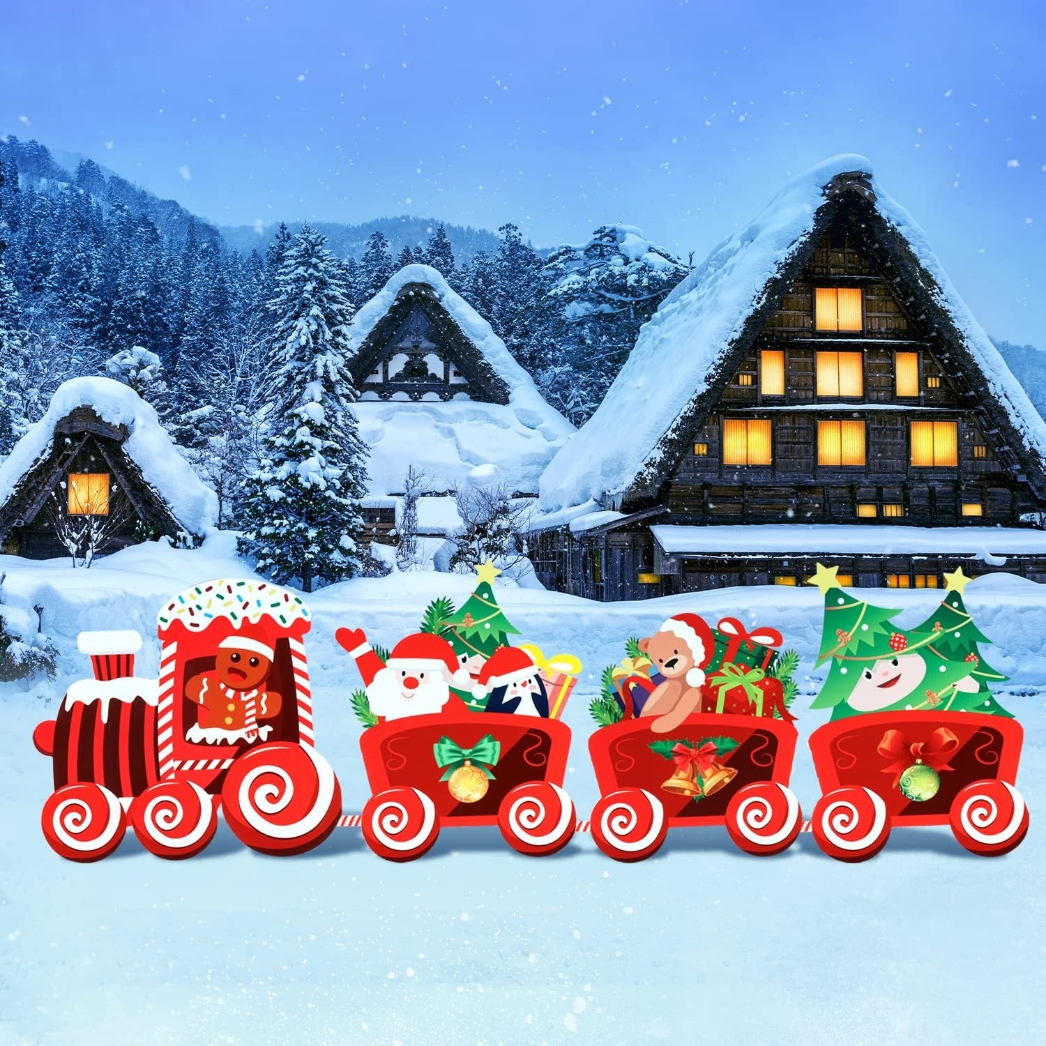 Decoratiune de Craciun, pentru Gradina, Tip Trenulet, 4 Figurine + Bete de Infipt in Pamant, din Plastic, Impermeabil, Model Tren cu Omul Briosa in Locomotiva, Multicolor