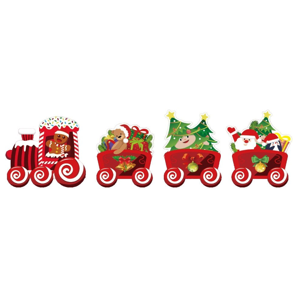 Decoratiune de Craciun, pentru Gradina, Tip Trenulet, 4 Figurine + Bete de Infipt in Pamant, din Plastic, Impermeabil, Model Tren cu Omul Briosa in Locomotiva, Multicolor
