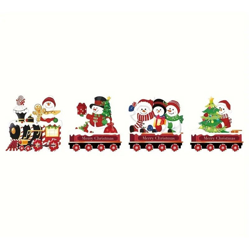 Decoratiune de Craciun, pentru Gradina, Tip Trenulet, 4 Figurine + Bete de Infipt in Pamant, din Plastic, Impermeabil, Model Oameni de Zapada, Multicolor