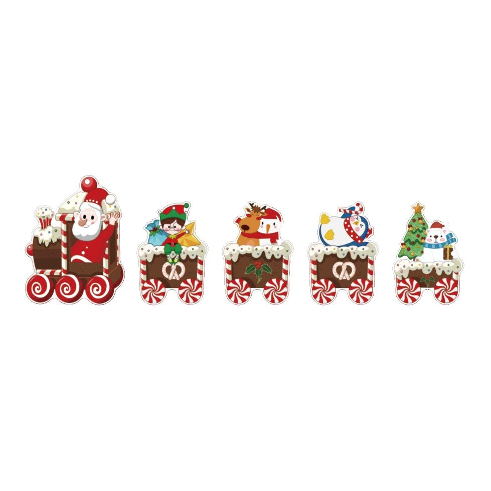 Decoratiune de Craciun, pentru Gradina, Tip Trenulet, 5 Figurine + Bete de Infipt in Pamant, din Plastic, Impermeabil, Model Mos Craciun cu Prietenii, Multicolor