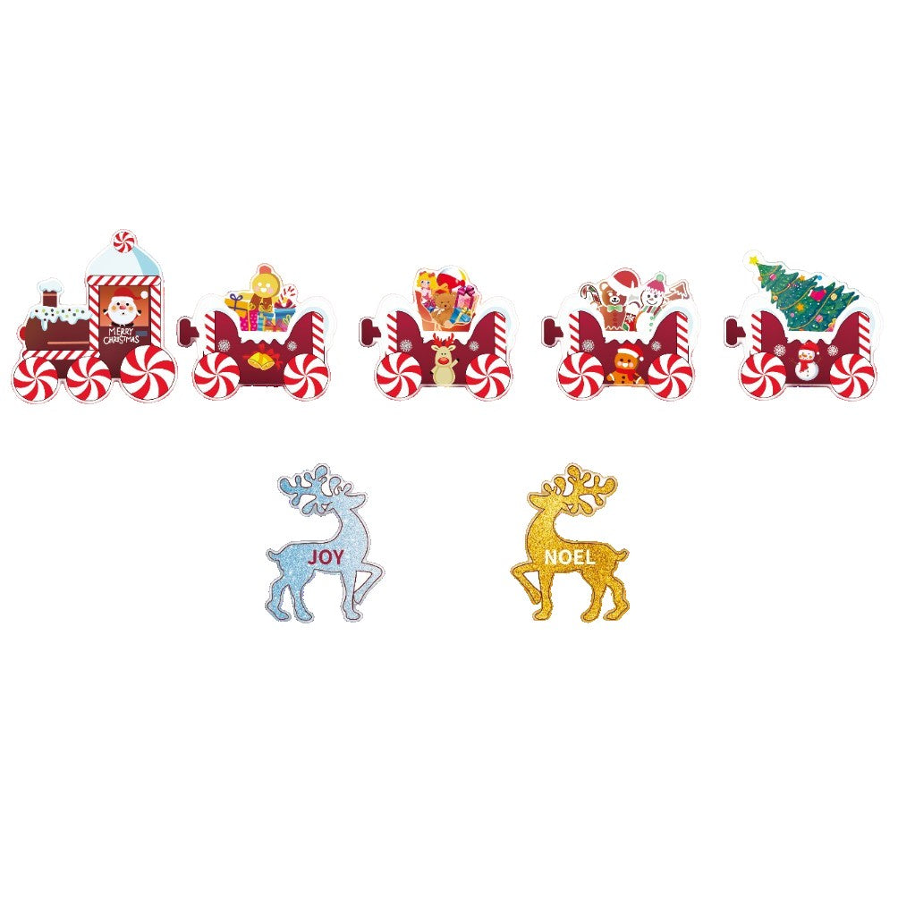 Decoratiune de Craciun, pentru Gradina, Tip Trenulet, 7 Figurine + Bete de Infipt in Pamant, din Plastic, Impermeabil, Model Renii Joy si Noel, Multicolor