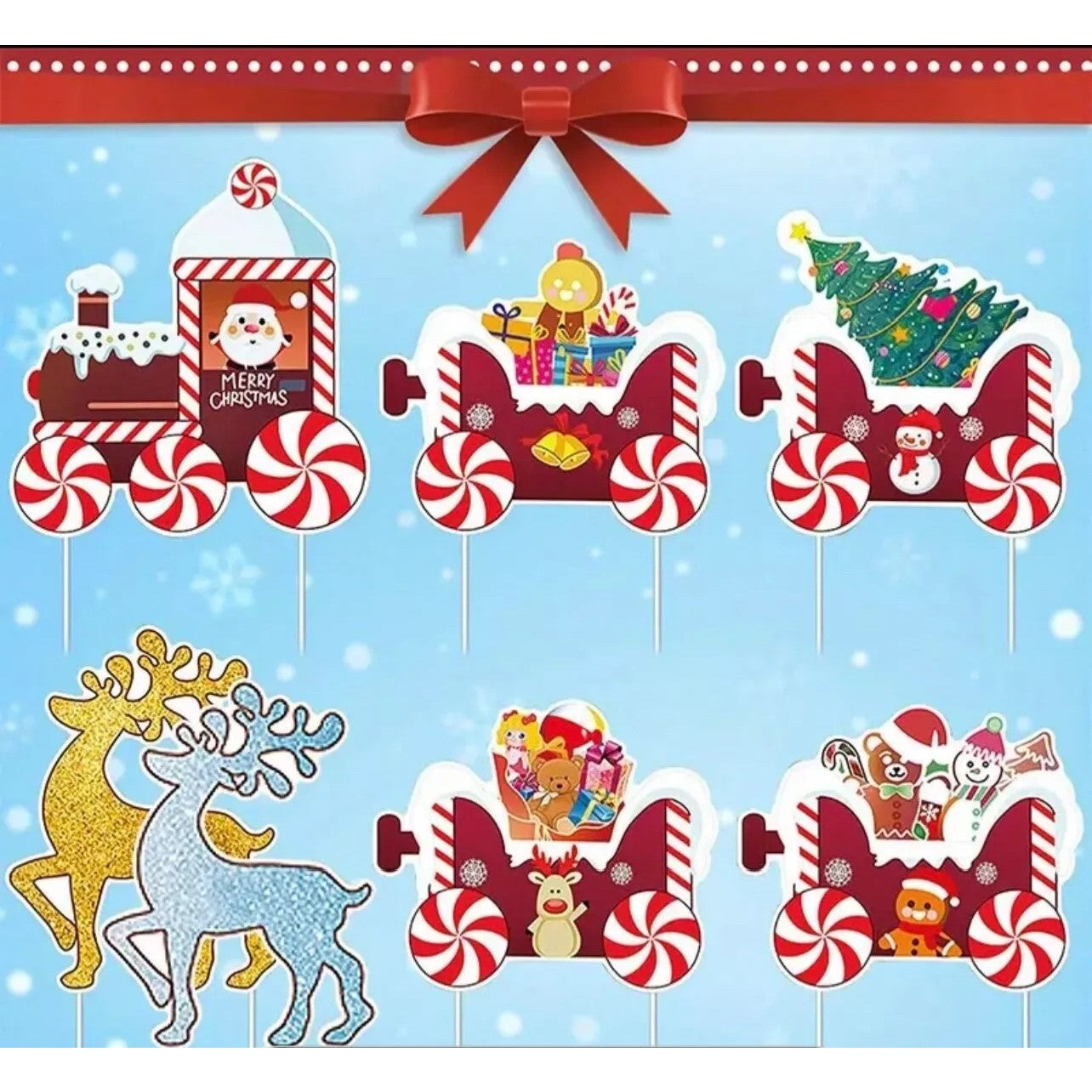 Decoratiune de Craciun, pentru Gradina, Tip Trenulet, 7 Figurine + Bete de Infipt in Pamant, din Plastic, Impermeabil, Model Renii Joy si Noel, Multicolor