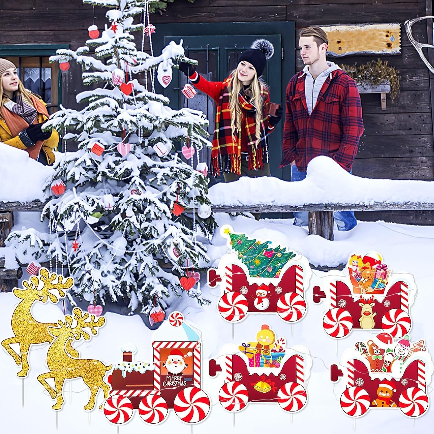 Decoratiune de Craciun, pentru Gradina, Tip Trenulet, 7 Figurine + Bete de Infipt in Pamant, din Plastic, Impermeabil, Model Renii Joy si Noel, Multicolor
