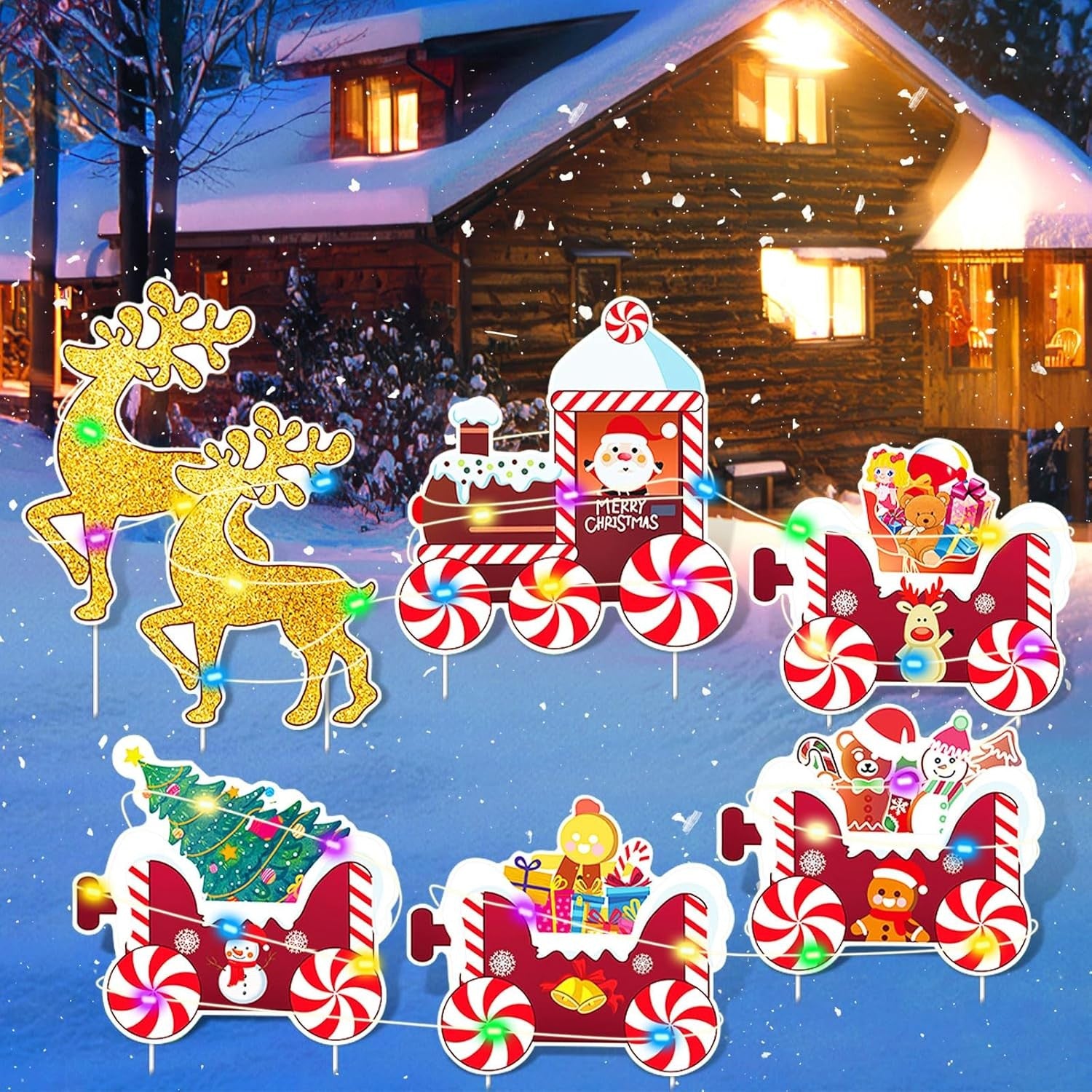 Decoratiune de Craciun, pentru Gradina, Tip Trenulet, 7 Figurine + Bete de Infipt in Pamant, din Plastic, Impermeabil, Model Renii Joy si Noel, Multicolor