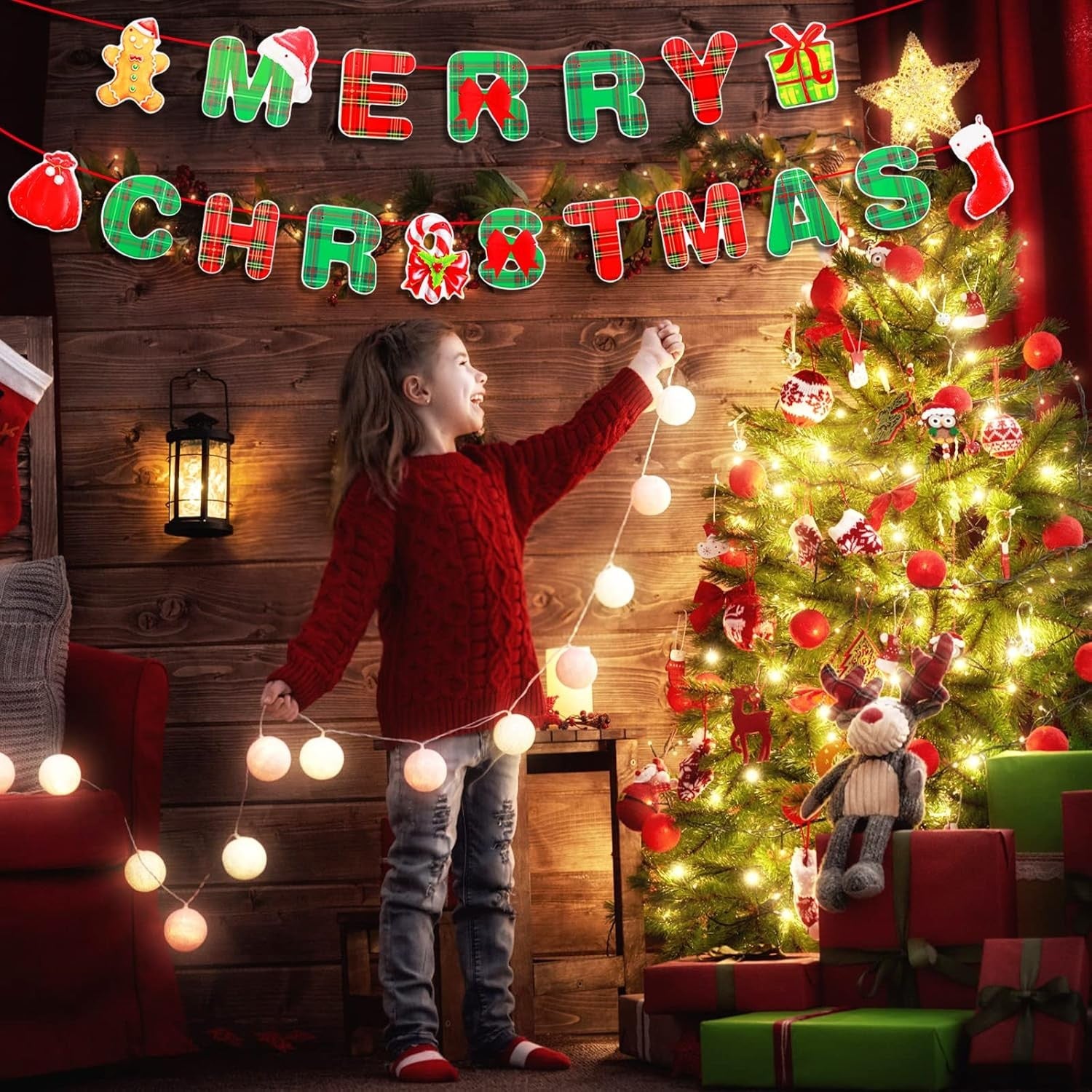 Decoratiune de Craciun, Tip Banner, pentru Usa sau Perete, Litere 12 x 13 cm, Multicolor, 18 Piese, Sfoara Inclusa, Merry Christmas