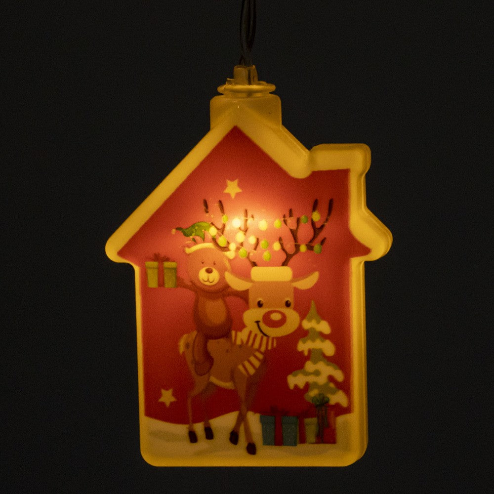 Decoratiune de Craciun Luminoasa in forma de casa, 11.5 x 9.7 cm, cu ren, cu agatatoare, Alb Cald