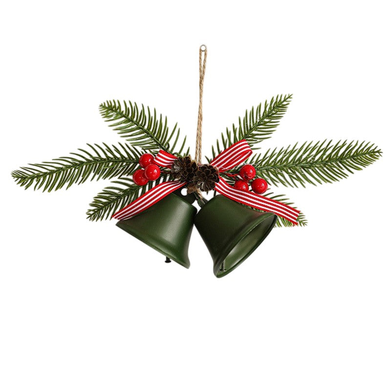 Decoratiune de Craciun pentru Brad, Model 2 Clopotei de Craciun cu Crenguta de Brad, Decoratiune pentru Interior de Craciun, Verde mat