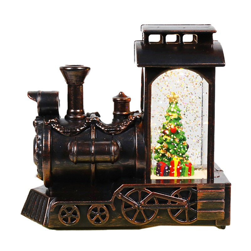 Decoratiune de Craciun tip Locomotiva, Glob de Cristal cu Fulgi de Zapada, Model Pom de Craciun, Iluminare LED, 11.5 x 12.5 x 6 cm, Carcasa Vintage Bronze, Transparent