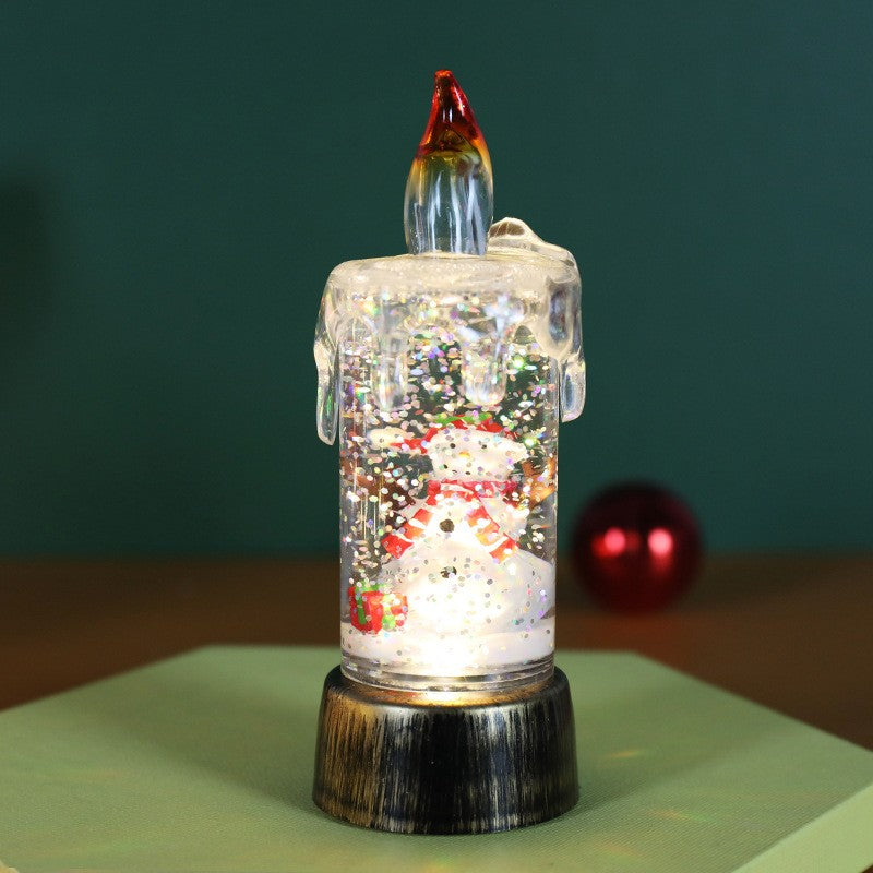 Decoratiune de Craciun tip Lumanare, Lumanare de Cristal cu Fulgi de Zapada, Model Om de Zapada cu Sclipici, Iluminare LED, 13 x 5 x 5 cm, Baza Vintage Bronze, Transparent