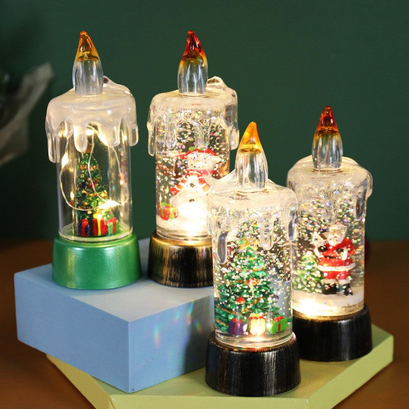 Decoratiune de Craciun tip Lumanare, Lumanare de Cristal cu Fulgi de Zapada, Model Om de Zapada cu Sclipici, Iluminare LED, 13 x 5 x 5 cm, Baza Vintage Bronze, Transparent