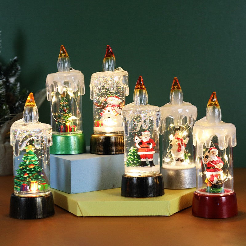Decoratiune de Craciun tip Lumanare, Lumanare de Cristal cu Fulgi de Zapada, Model Om de Zapada cu Sclipici, Iluminare LED, 13 x 5 x 5 cm, Baza Vintage Bronze, Transparent