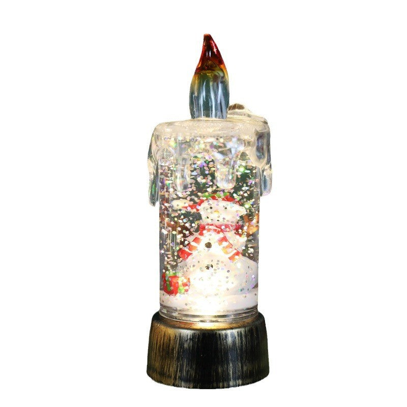 Decoratiune de Craciun tip Lumanare, Lumanare de Cristal cu Fulgi de Zapada, Model Om de Zapada cu Sclipici, Iluminare LED, 13 x 5 x 5 cm, Baza Vintage Bronze, Transparent