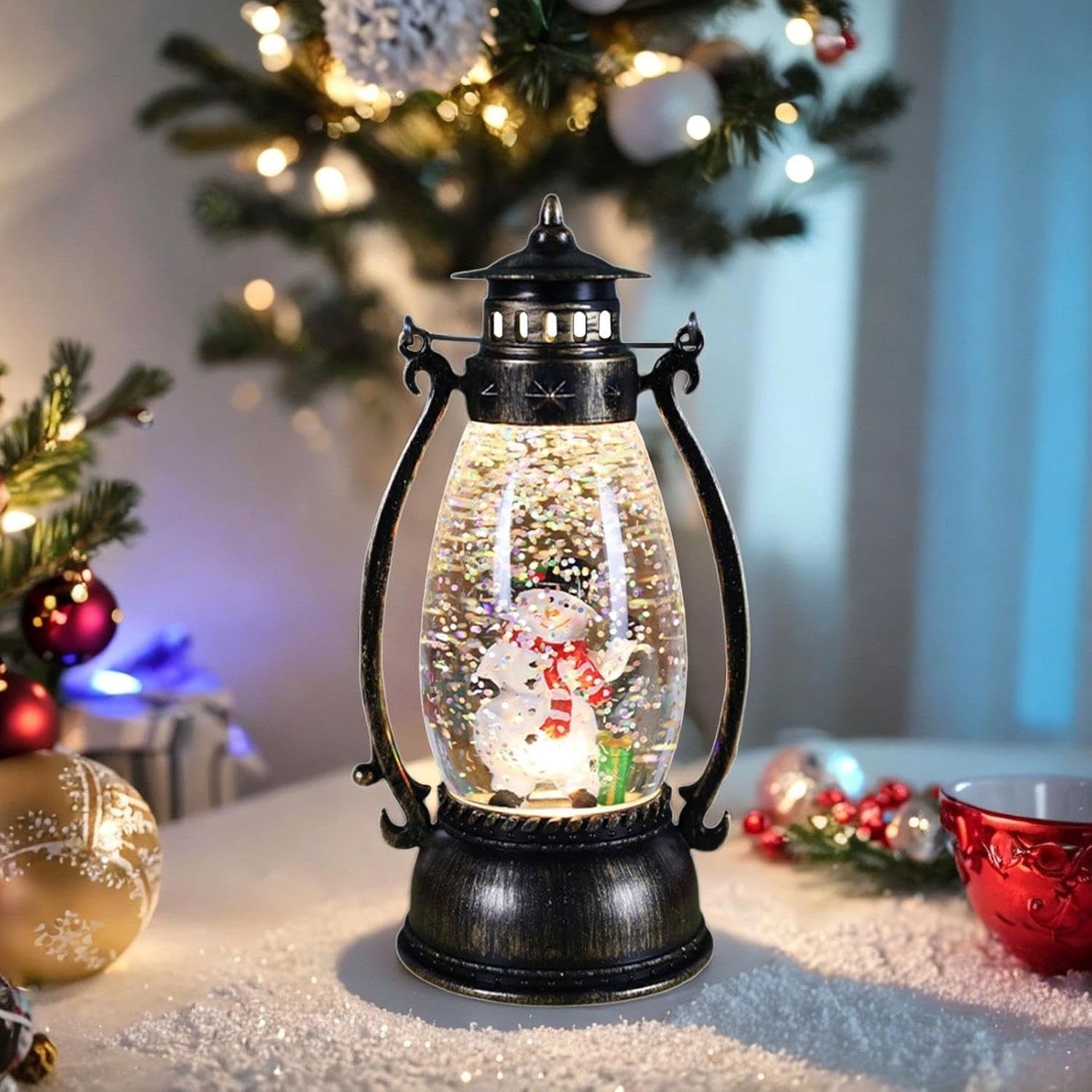 Decoratiune Luminoasa, Flippy, Felinar de Craciun, cu Lumina LED, Ornament Model Lampa cu Ulei Om de Zapada, cu Maner, 14x7x6 cm, Negru, Resigilat