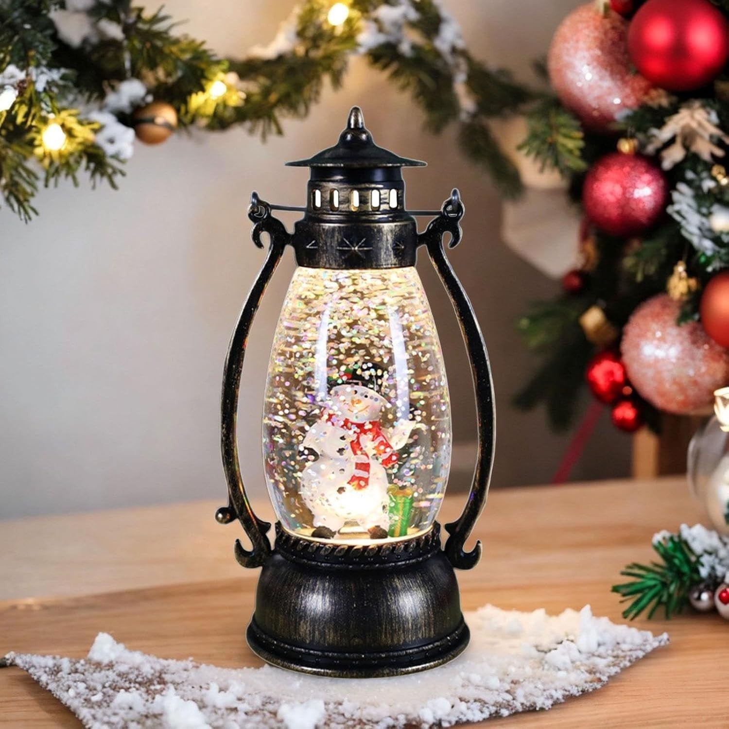 Decoratiune Luminoasa, Flippy, Felinar de Craciun, cu Lumina LED, Ornament Model Lampa cu Ulei Om de Zapada, cu Maner, 14x7x6 cm, Negru, Resigilat