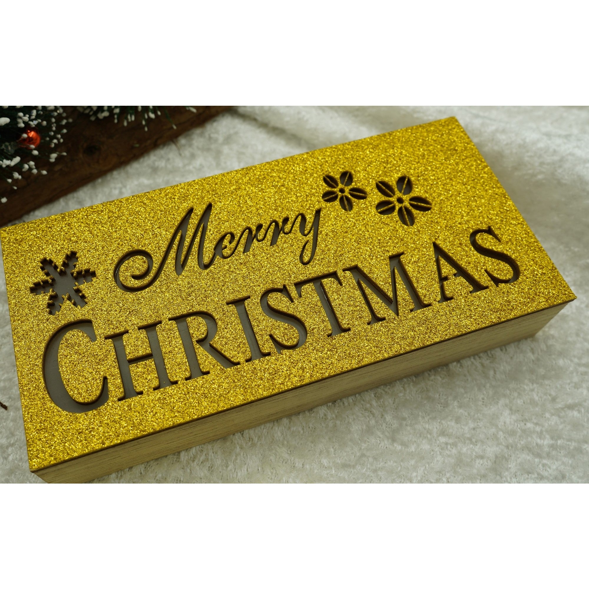 Decoratiune luminoasa, Flippy, Marry Christmas, galben, lungime: 19 cm, latime: 9 cm, inaltime: 4 cm, lemn, interior/exterior
