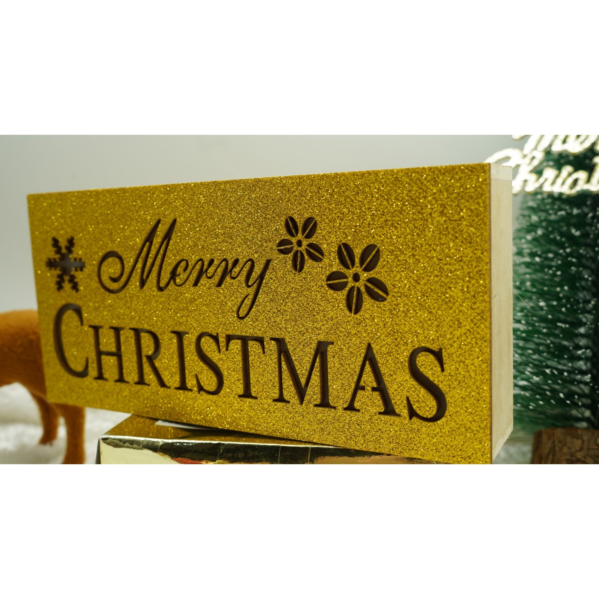 Decoratiune luminoasa, Flippy, Marry Christmas, galben, lungime: 19 cm, latime: 9 cm, inaltime: 4 cm, lemn, interior/exterior