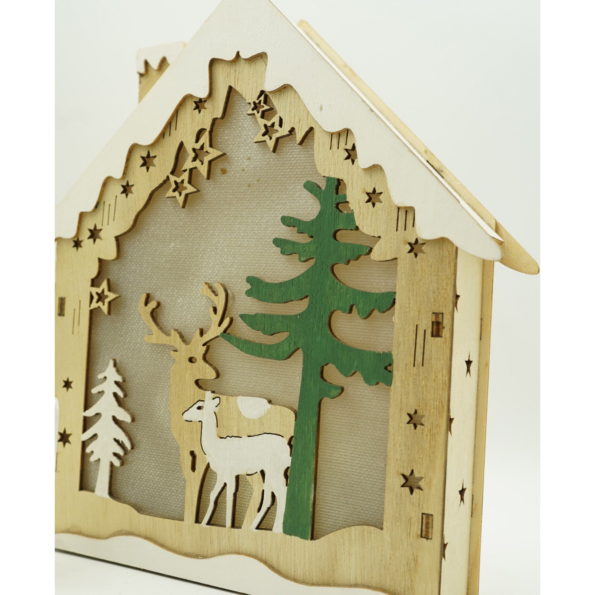 Decoratiune luminoasa, model de Casa cu Reni, maro, lungime: 18 cm, latime: 5 cm, inaltime: 21 cm, lemn, interior/exterior