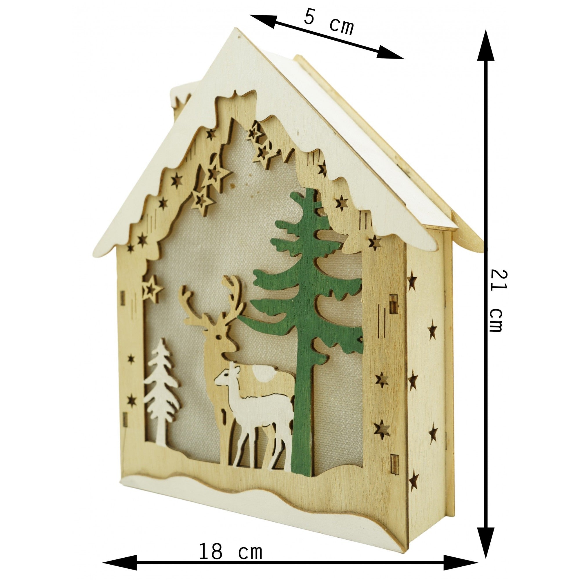 Decoratiune luminoasa, model de Casa cu Reni, maro, lungime: 18 cm, latime: 5 cm, inaltime: 21 cm, lemn, interior/exterior