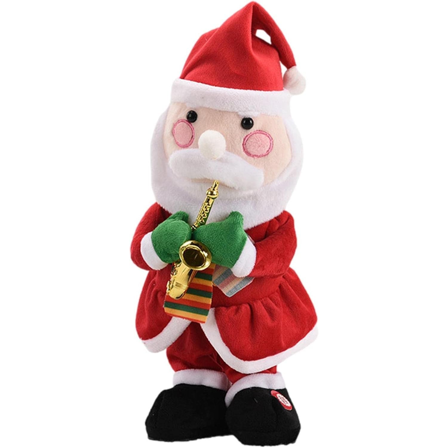 Decoratiune Mos Craciun, Animat, care Canta si Danseaza, cu Saxofon, Imbracat Festiv, 25 cm Inaltime, Rosu