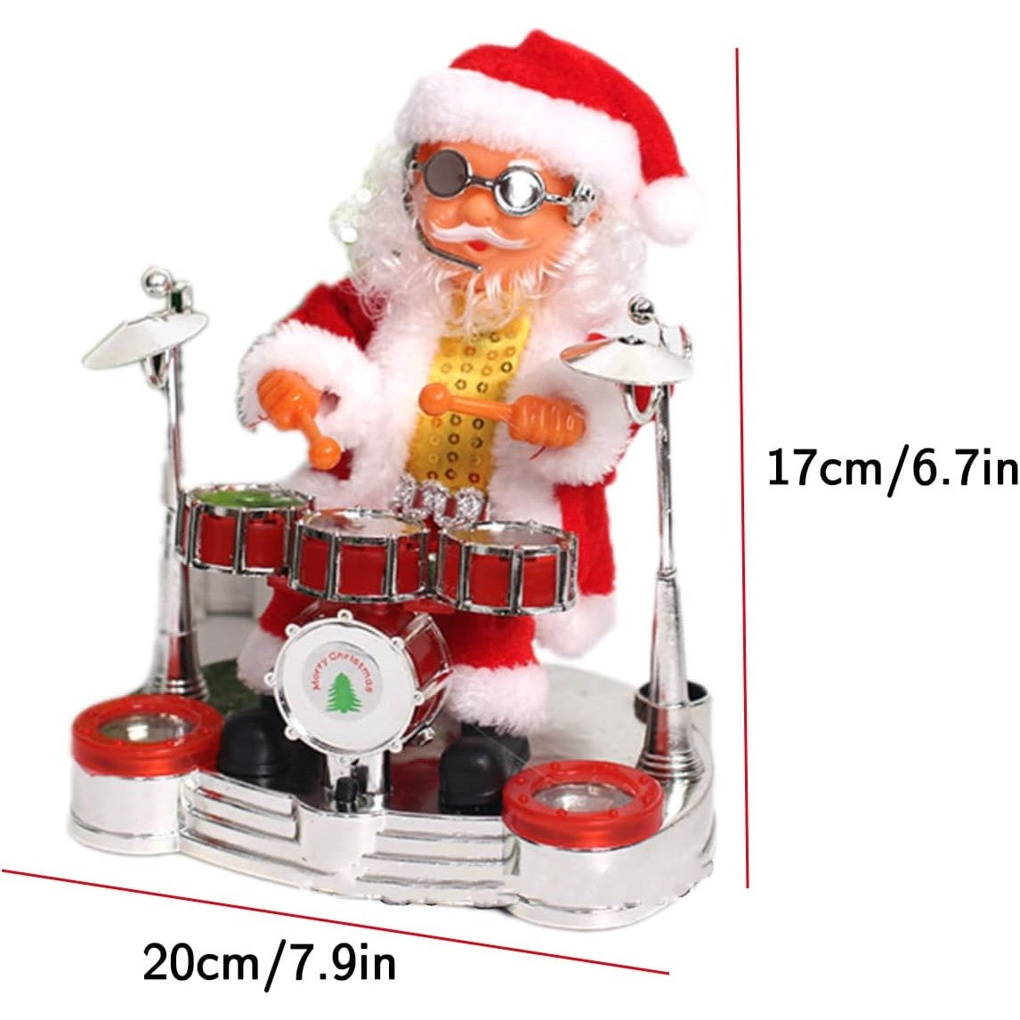 Decoratiune Mos Craciun, Animat, care Canta si Danseaza, cu Tobe, Imbracat Festiv, 20x17 cm Inaltime, Rosu