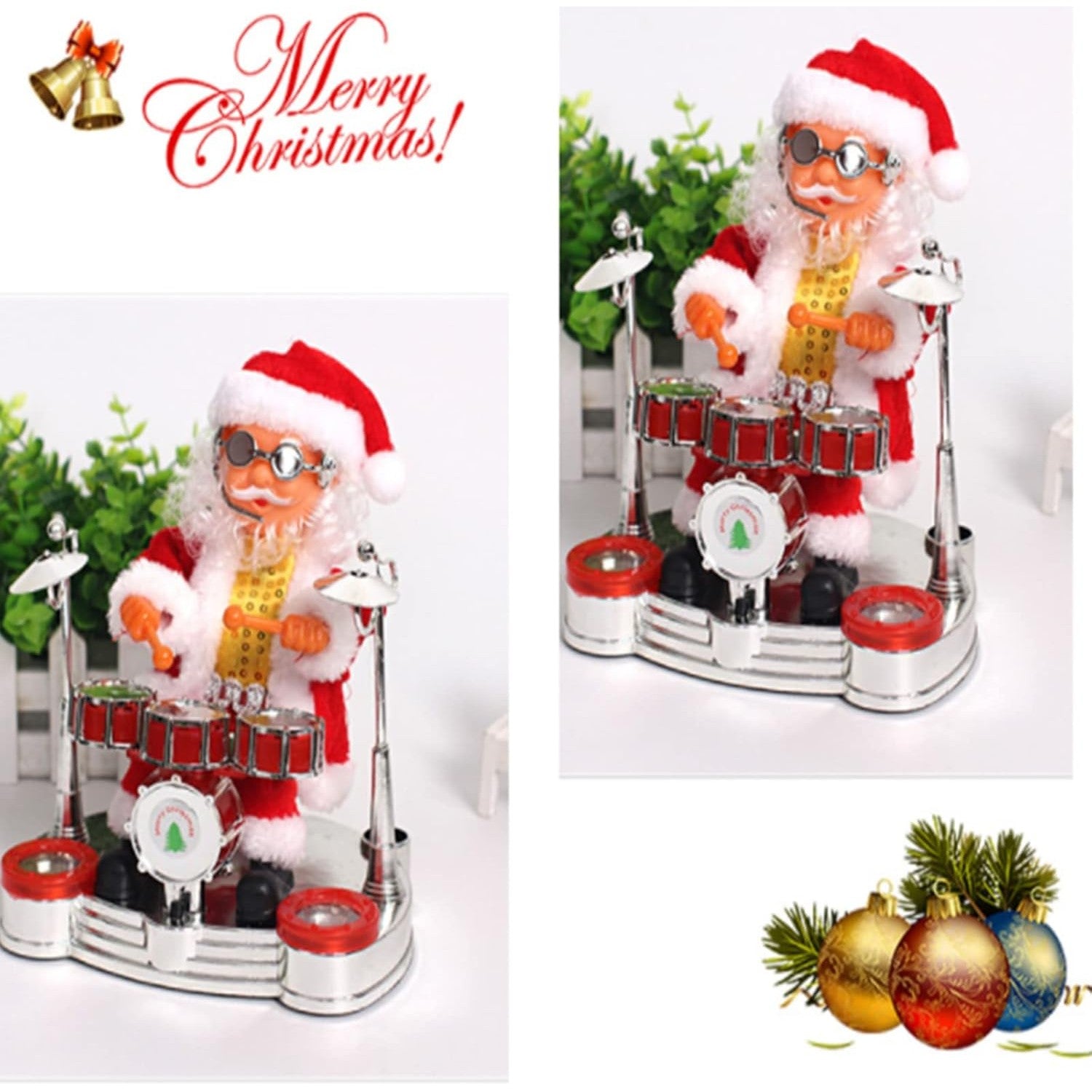 Decoratiune Mos Craciun, Animat, care Canta si Danseaza, cu Tobe, Imbracat Festiv, 20x17 cm Inaltime, Rosu