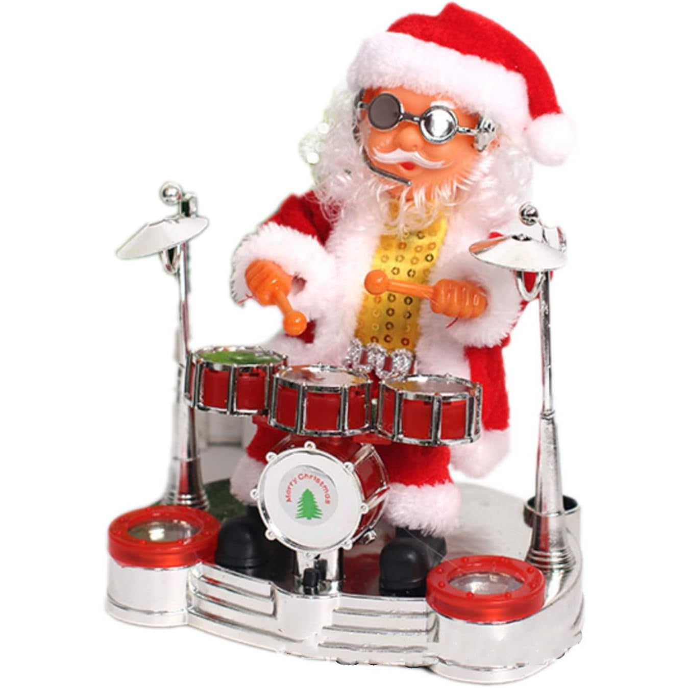 Decoratiune Mos Craciun, Animat, care Canta si Danseaza, cu Tobe, Imbracat Festiv, 20x17 cm Inaltime, Rosu