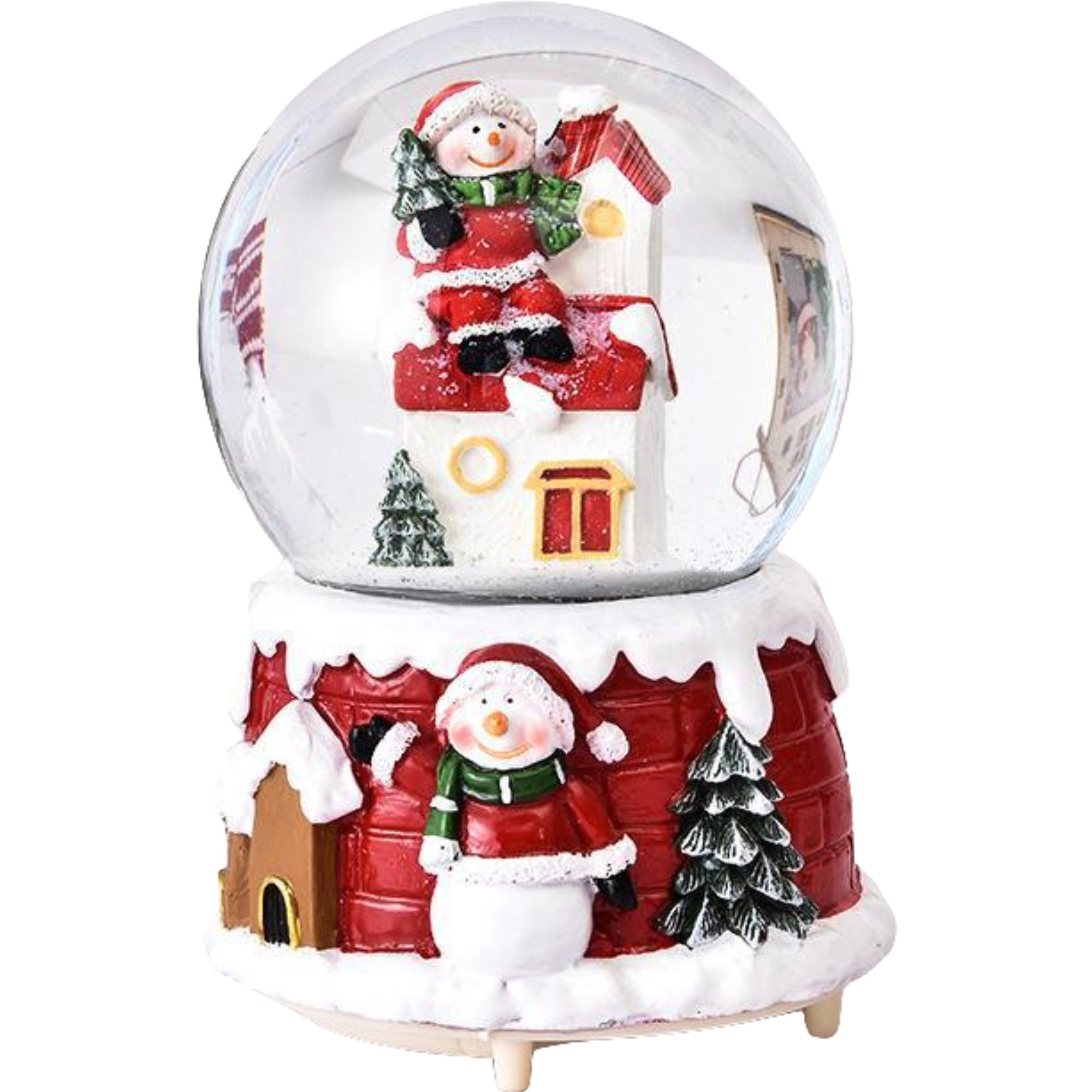 Decoratiune glob cu zapada Mos Craciun pe casa, diametru 6.5 cm, multicolor