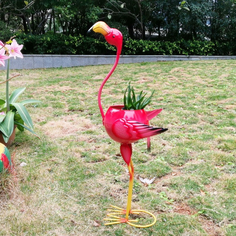 Decoratiune pentru Gradina, Flamingo pentru Gradina cu Suport pentru Plante Flori, Ornament de Ghiveci de Flori, Model Flamingo, din Fier, 73 x 34 x 22 cm, Roz