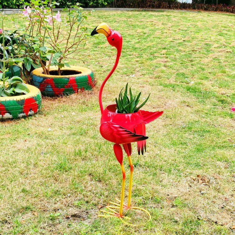 Decoratiune pentru Gradina, Flamingo pentru Gradina cu Suport pentru Plante Flori, Ornament de Ghiveci de Flori, Model Flamingo, din Fier, 73 x 34 x 22 cm, Roz