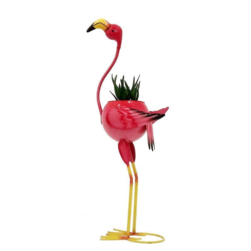 Decoratiune pentru Gradina, Flamingo pentru Gradina cu Suport pentru Plante Flori, Ornament de Ghiveci de Flori, Model Flamingo, din Fier, 73 x 34 x 22 cm, Roz
