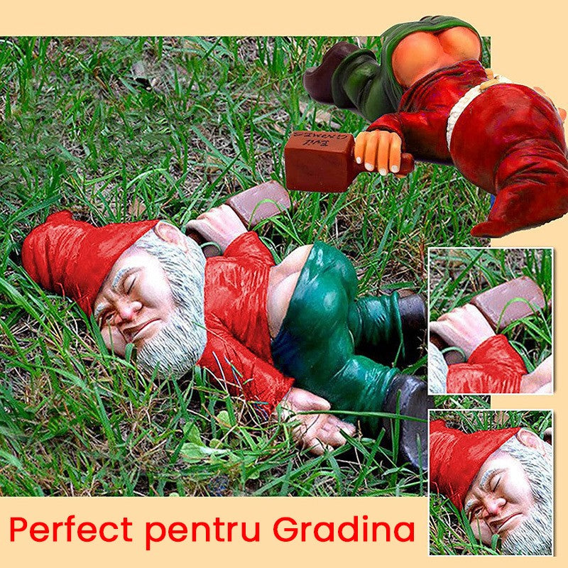 Decoratiune pentru Gradina, Model Pitic de Gradina Beat, Statuie Amuzanta pentru Gradina, Decor pentru Gradina, Gnom Beat, 18 cm, Rosu