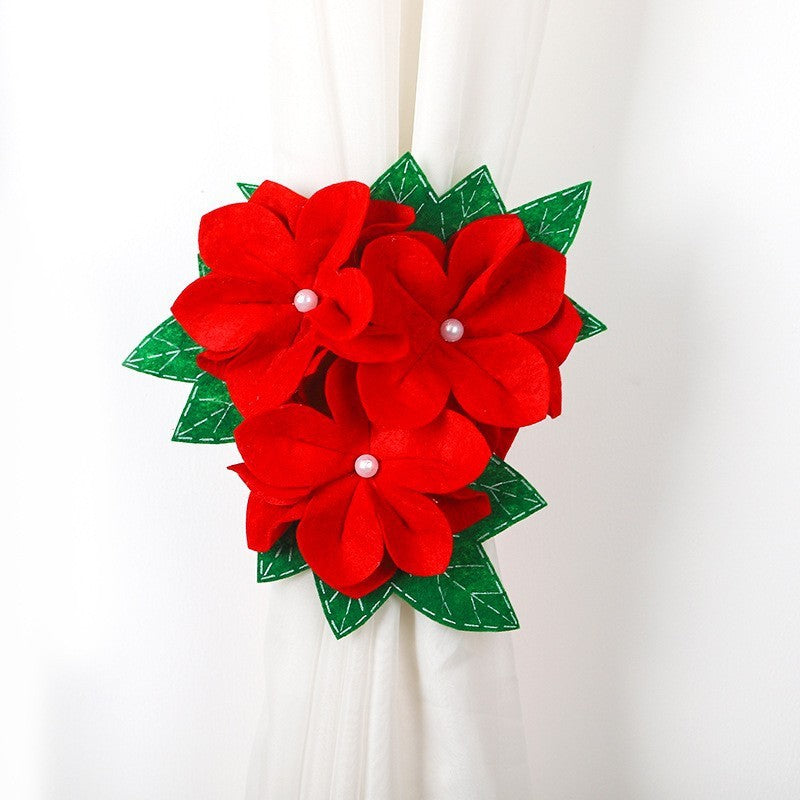 Decoratiune pentru perdea/draperie cu tematica de Craciun model floare Craciunita, material texit si poliester, 31 cm, cu snur, rosu
