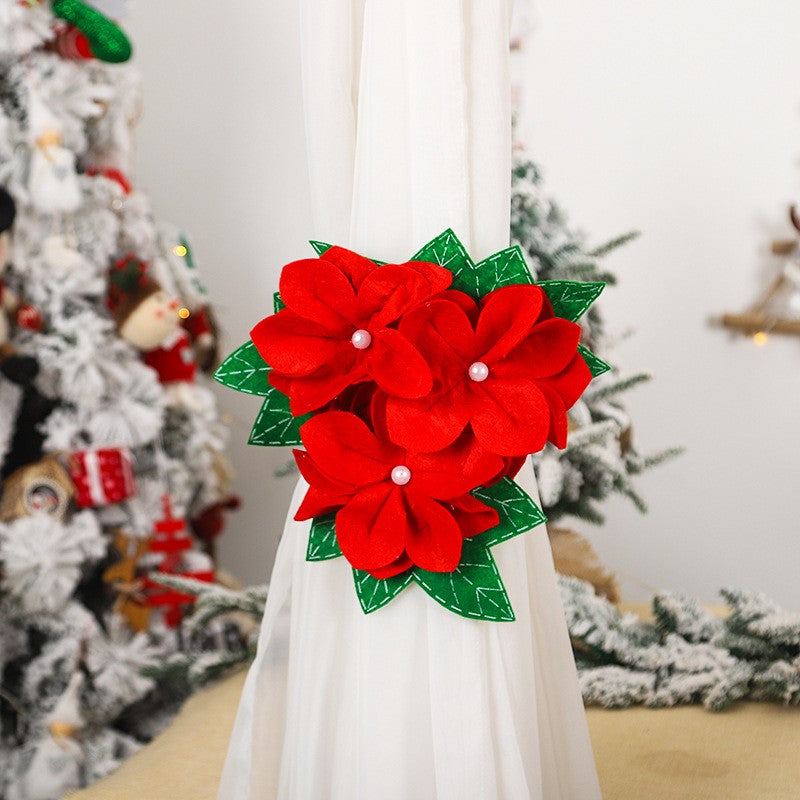 Decoratiune pentru perdea/draperie cu tematica de Craciun model floare Craciunita, material texit si poliester, 31 cm, cu snur, rosu