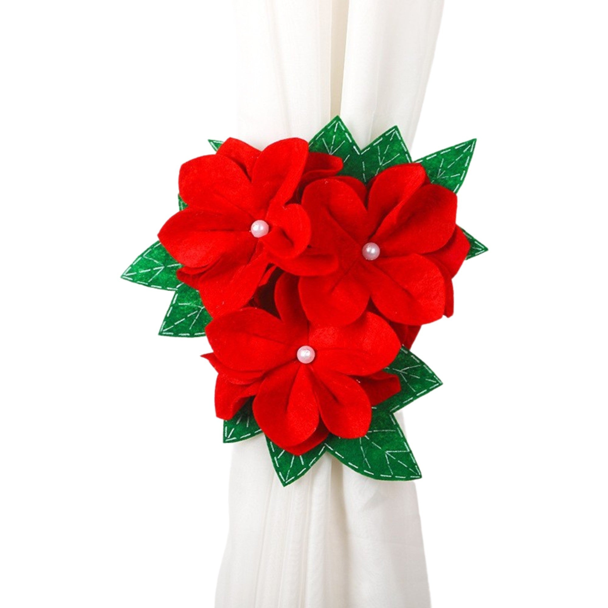 Decoratiune pentru perdea/draperie cu tematica de Craciun model floare Craciunita, material texit si poliester, 31 cm, cu snur, rosu