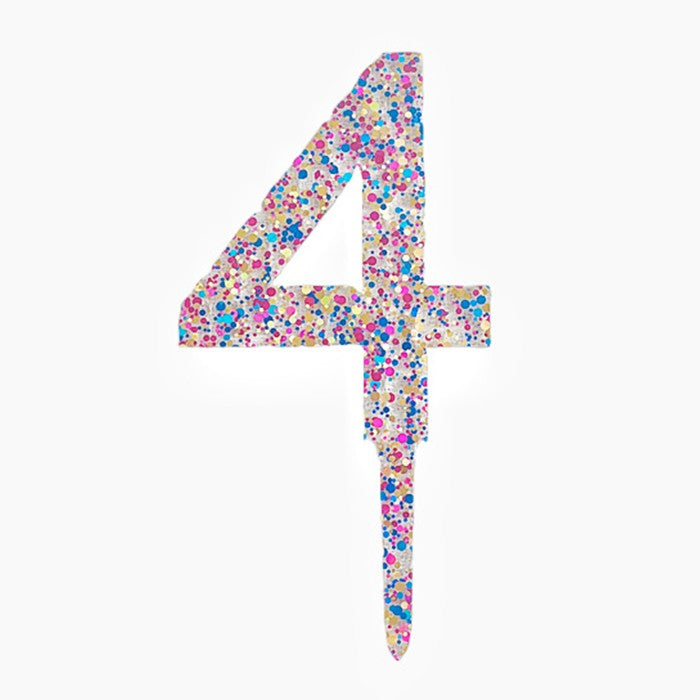 Decoratiune Topper pentru Tort, din Acrilic cu Fulgi de Sclipici, Model Cifra 4, Inaltime 18.5 cm, Transparent Multicolor