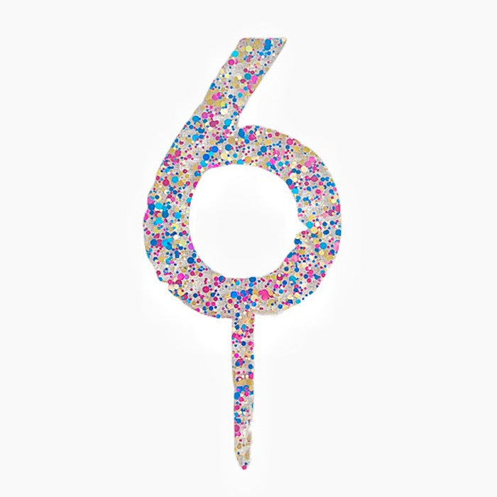 Decoratiune Topper pentru Tort, din Acrilic cu Fulgi de Sclipici, Model Cifra 6, Inaltime 18.5 cm, Transparent Multicolor