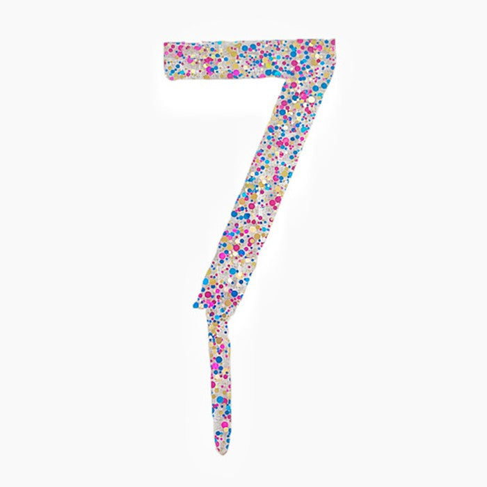 Decoratiune Topper pentru Tort, din Acrilic cu Fulgi de Sclipici, Model Cifra 7, Inaltime 18.5 cm, Transparent Multicolor